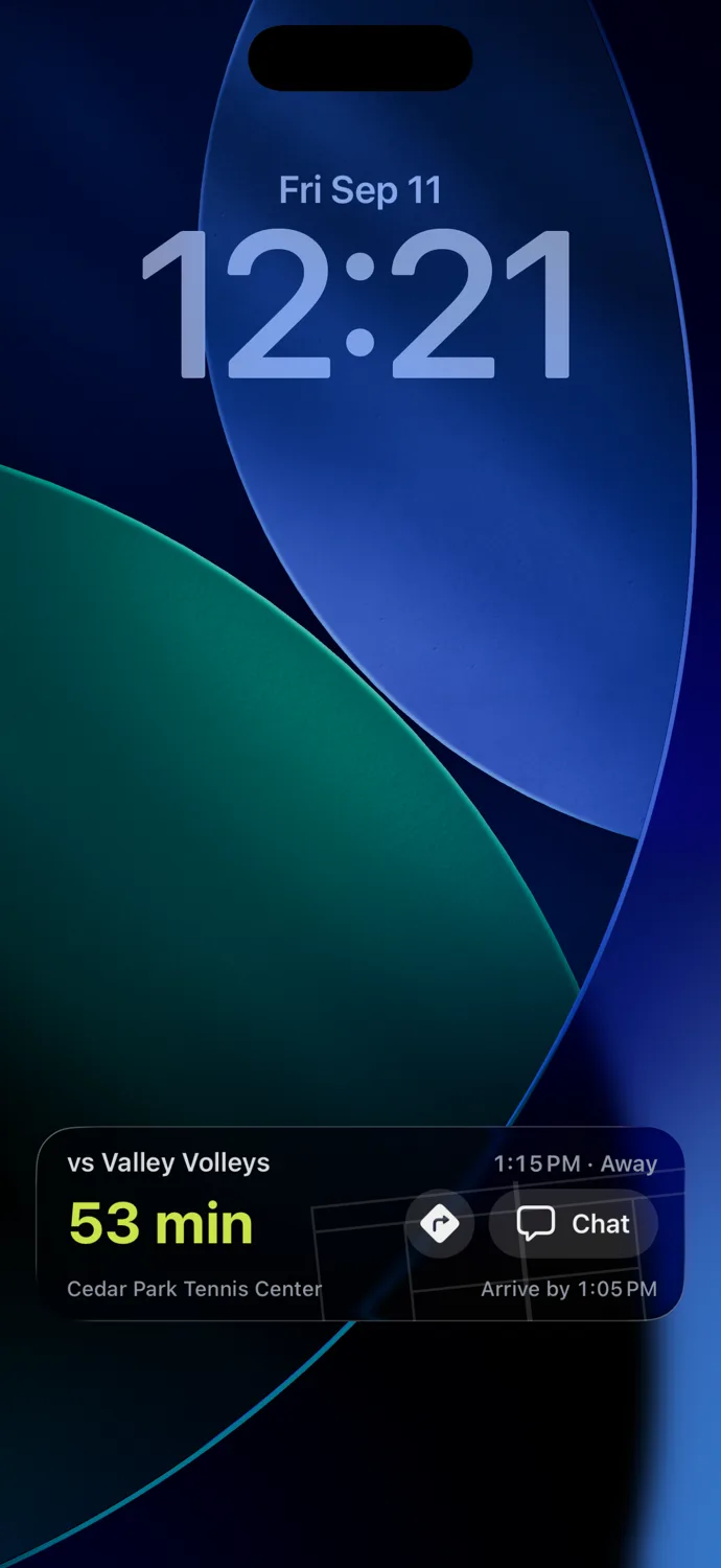 An iPhone lock screen an hour before a match: vs Valley Volleys, 1:15 PM away, a 53-minute countdown, Cedar Park Tennis Center, arrive by 1:05 PM, with directions and chat buttons.
